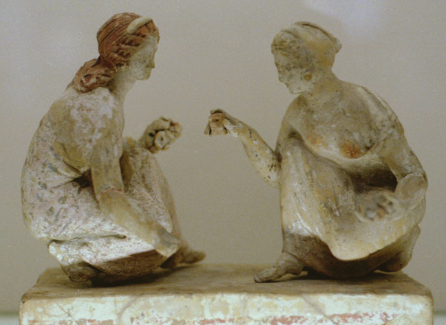 two girls playing knucklebones, painted terracotta figurine-group, Capua, 3c BC; photo B. Laforse